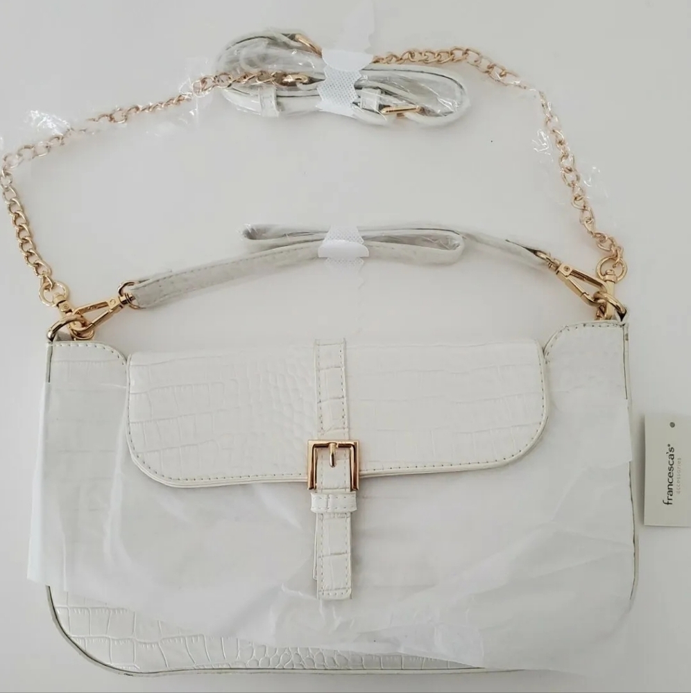 NWT Ivory Croc Baguette Handbag 2 Straps Faux Leather Strap & Gold Chain Strap